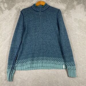 Woolrich Quarter Zip Knit Sweater Womens Large Teal Wool Blend Fair Isle‎
